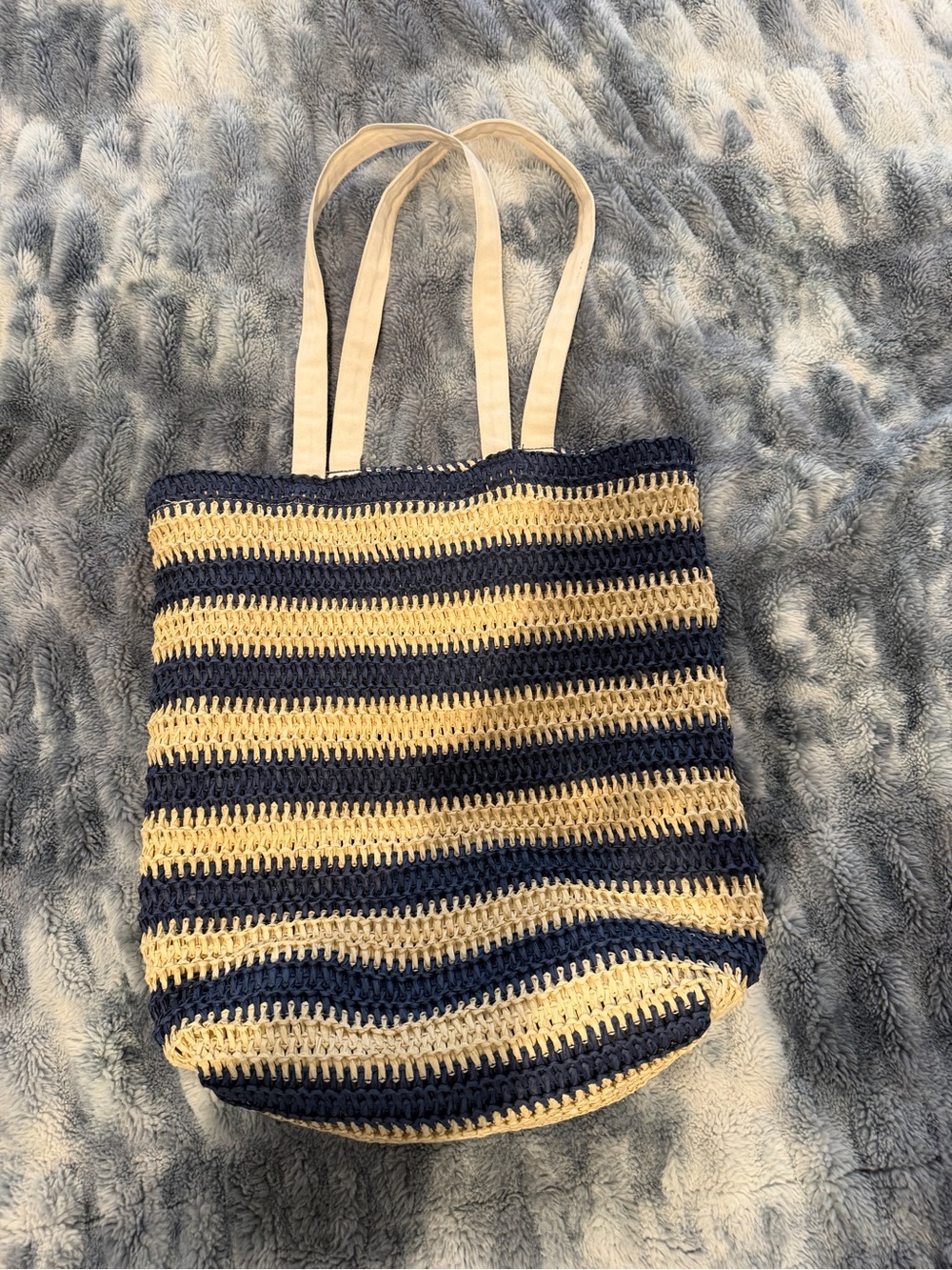Striped Navy and Cream Crochet Tote Bag